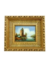 Painting Village by River Oil on Board Landscape Country Vintage Art Decor Gift