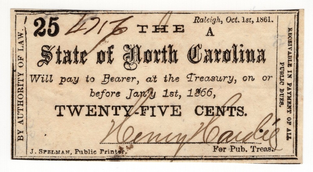 1861 25c North Carolina Raleigh Uncirculated State Banknote