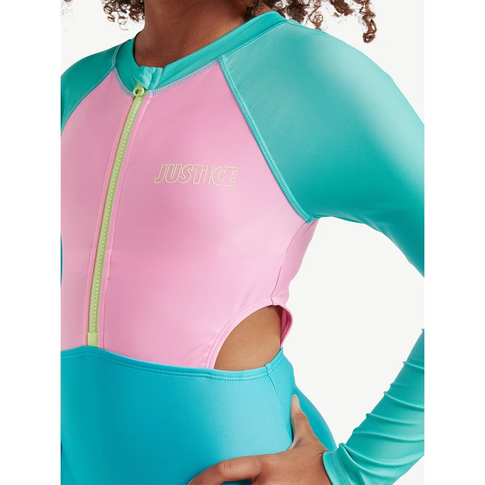 Traje de baño JUSTICIA niña protección contra erupciones una pieza natación manga larga 12 14 16 18 rosa nuevo Foto 3 de 4