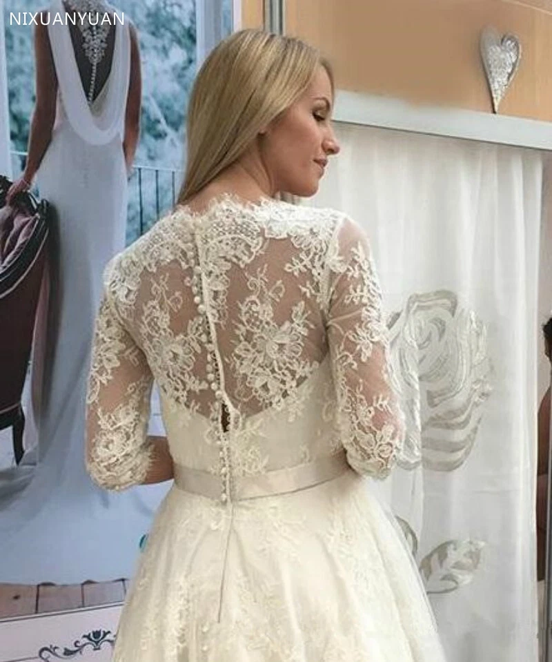 Short Lace Wedding Dresses 3/4 Sleeves Lace Appliques Tea Length Bridal Gowns - Image 4 of 4