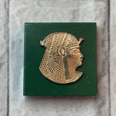 Egyptian Paperweight Golden Face of Cleopatra, Green Block, Souvenir #M31