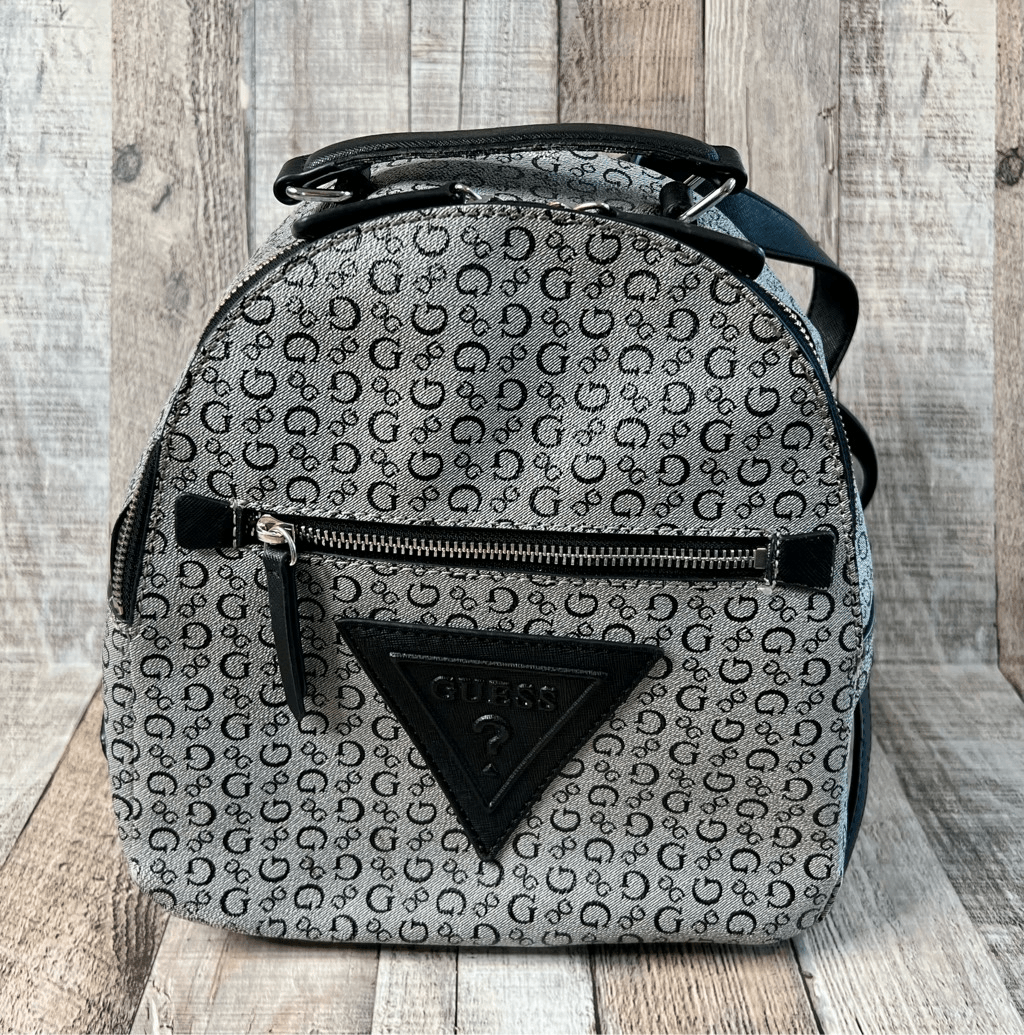 Guess Grey Black Monogram SV739530 PVC Vinyl Modern Bookbag Backpack Handbag
