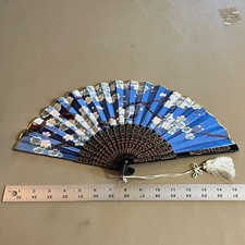 Vintage Wooden  Paper Hand Fan Fold Up 1920-1930 Blue Japan Floral Antique