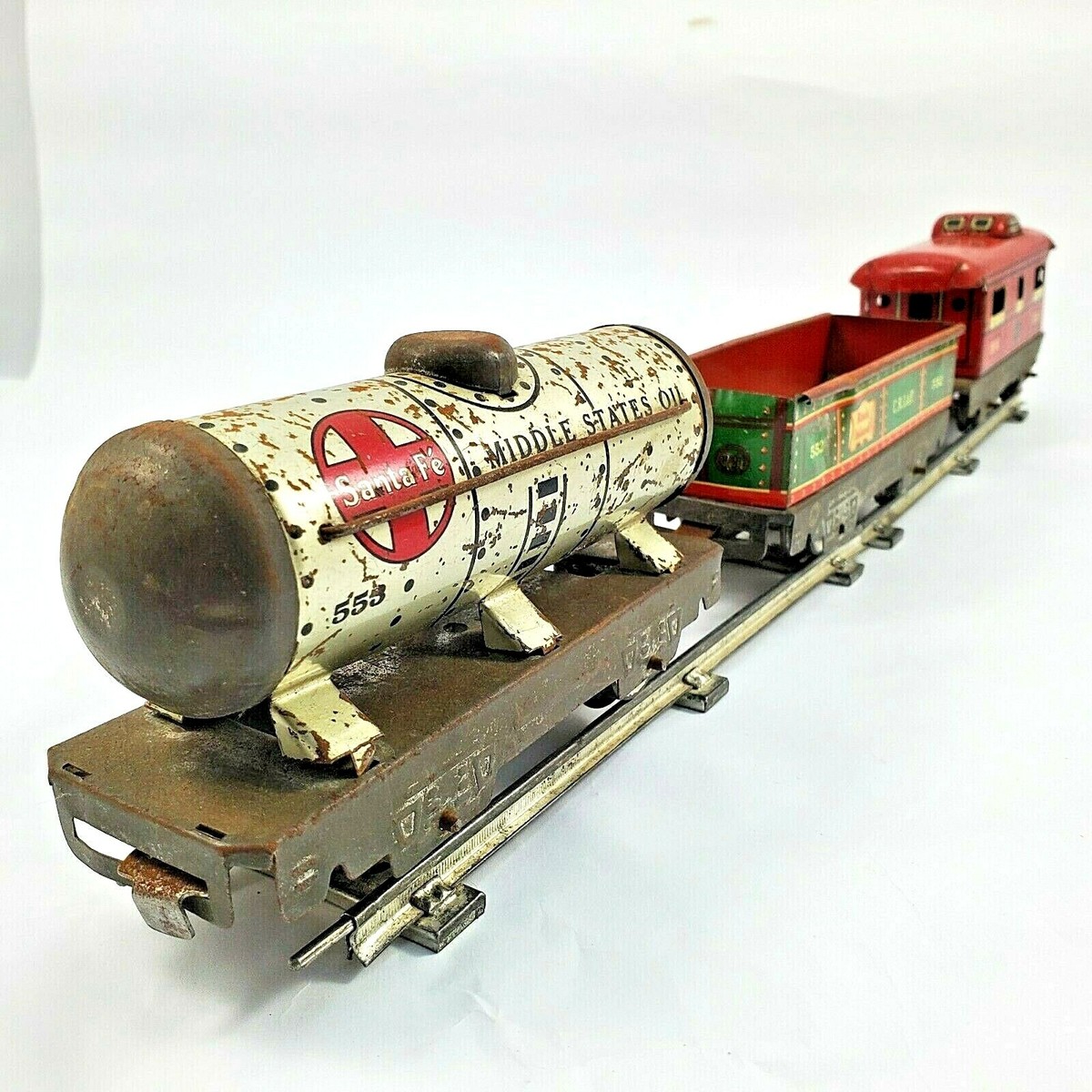 Vintage Tin Litho Toys MARX O-Gauge Train Cars Caboose, Oil Tanker