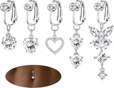 5 Pcs Fake Belly Clip On Dangle Belly Button Rings Faux Navel Ring for Women