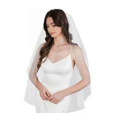 Bridal Veil Pearl Beaded Edge 1 Tier Fingertip Length Wedding Veil with Comb