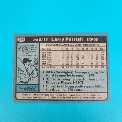 1980 Topps #345 Larry Parrish Montreal Expos BASEBALL Card 3C | eBay
