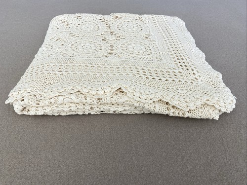 Vintage Handmade Cream Cotton Floral Crochet Rectangle Tablecloth 220x135cm - Picture 17 of 18