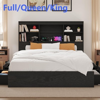  Wooden Bed Frame w/ Charging Station Bookcase Headboard F/Q/K Size Platform Bed