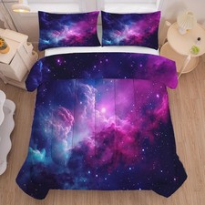 Galaxy Bedding Twin Size Purple Outer Space Comforter Set for Girls Boys Chil...