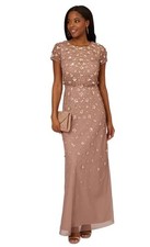 Adrianna Papell Womens 3D Embellished Mesh Blouson Gown Dress in Beige Sz 6