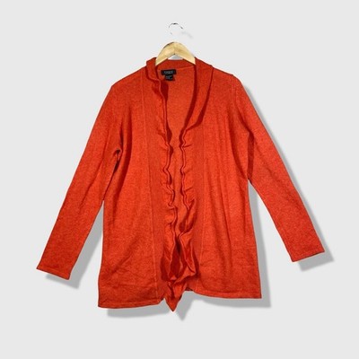 Forte Cashmere Ruffle Cardigan Women Medium Orange Open Front Knit Sweater
