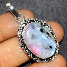 925 Silver Plated Rainbow Moonstone Pendant 1.6" Gemstone Handmade Jewellery GW