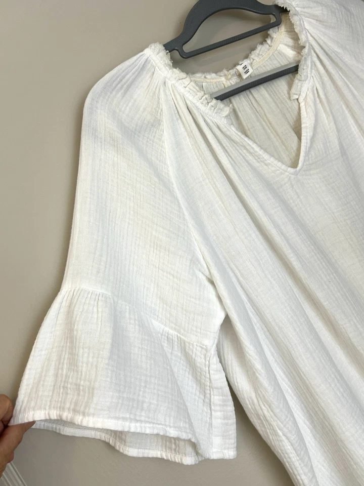 Jeans Tribales Pullover Algodón Gasa Raglán Mangas 3/4 Blusa Blanca G/L Usado en Excelente Condición Foto 2 de 4