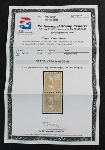 CKStamps: US Stamps Collection Scott#849 Mint NH OG PSE Cert Grade 80