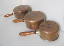 Vintage Copper Pan Set Kitchen Wooden Handles Old Sauce Pans