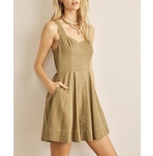 In February Erin Fit & Flare Linen Blend Olive Green Smocked Back Size Small