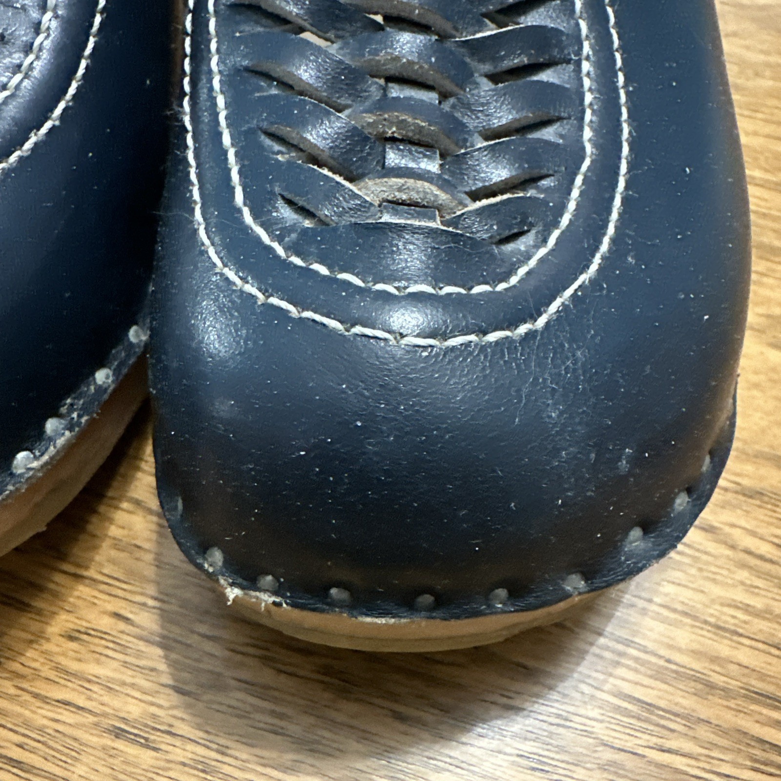 SAOLA Bastad zoccoli svedesi originali 36 US 6 blu pelle suola legno