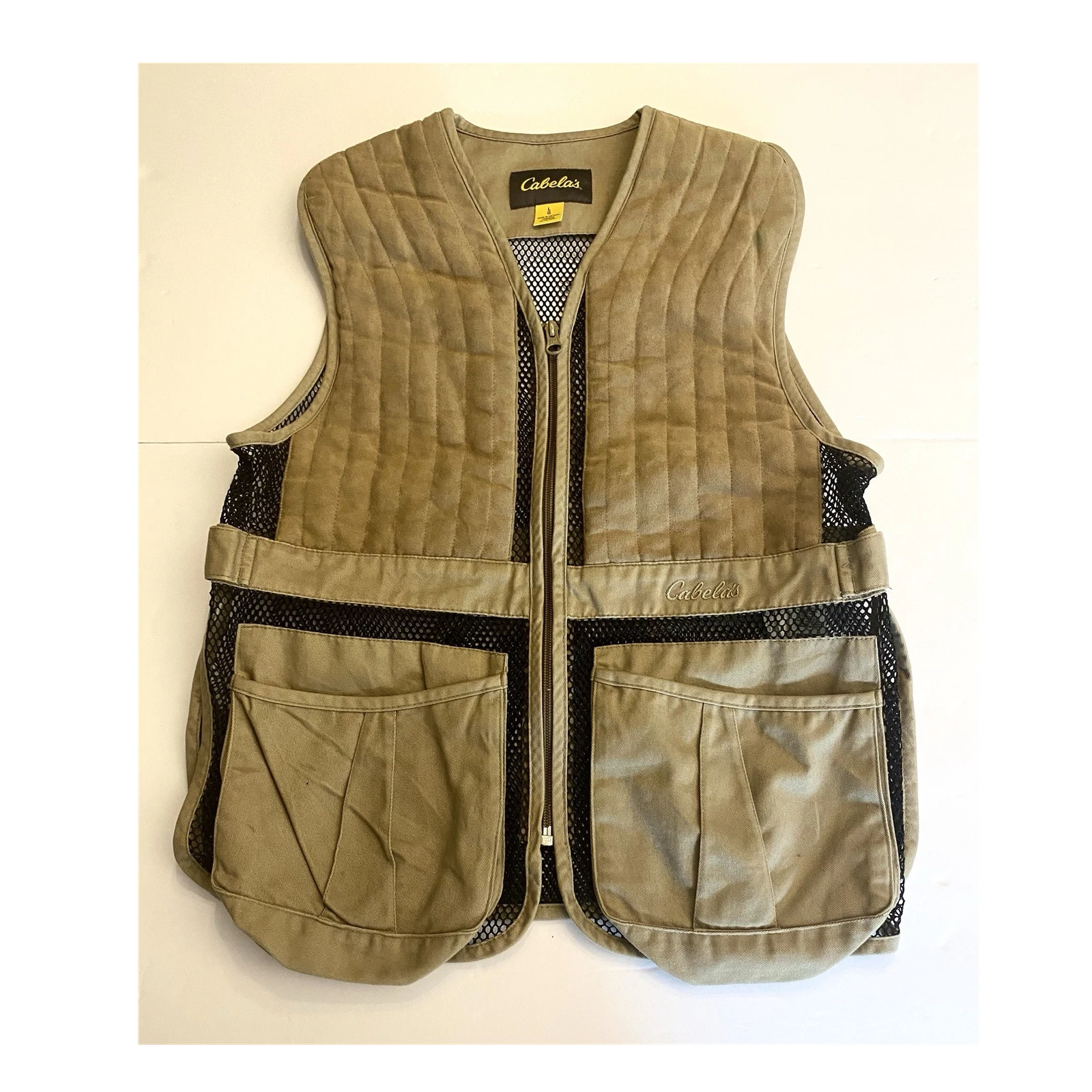 Cabelas Shooting Vest Mens L Tan Mesh Hunting Clay Target Pockets Field