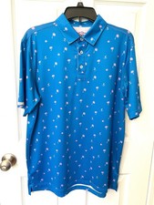 Straight Down Performance Men's Golf Polo Shirt blue with palm trees/fish - Med.