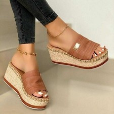 Womens Open Toe Sandals Wedge High Heels Slippers Beach Platform Shoes Slip On