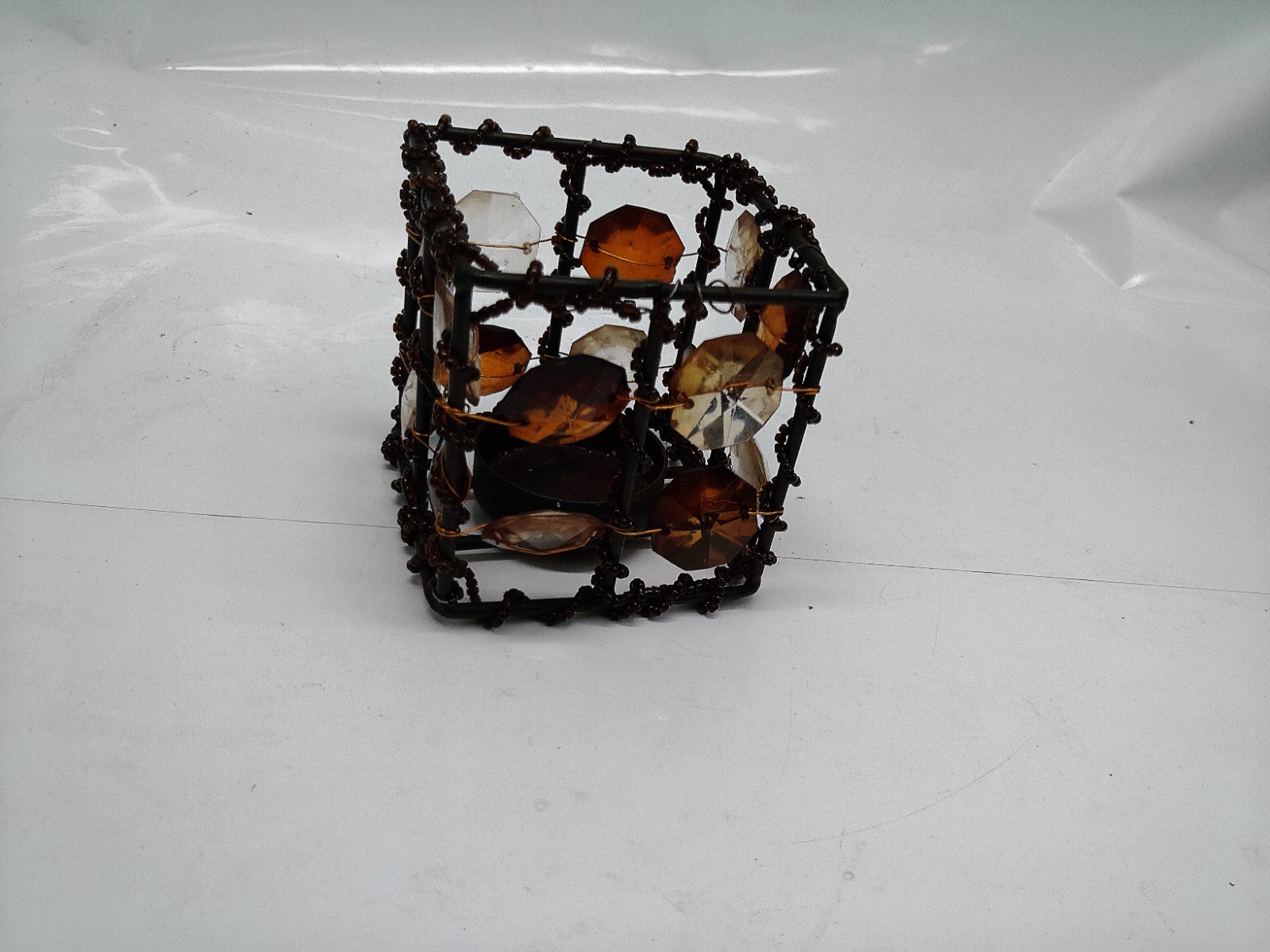Beaded Cube Tealight Candle Holder Wire Frame Amber and Clear Acrylic Crystals image 2