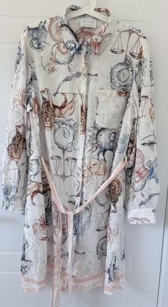 IRIS MAXI Celestial Zodiac Print Shirt Dress Size 14 Rayon Belted Boho LS