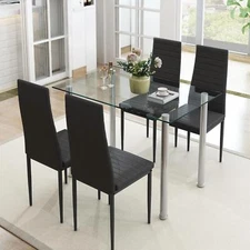 Elegant 5 Pieces Glass Dining Table Set With 4 Padded Faux Leather Chairs Set