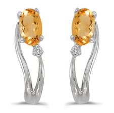 14k White Gold Oval Citrine And Diamond Wave Earrings