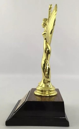 Gold Tone Plastic Angel Women Figure Torch TROPHY Woodgrain Base - Picture 8 of 9
