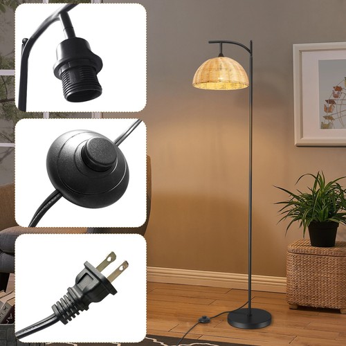 Rustic Floor Lamp Rattan Lampshade Standing Pole Light for Sofa Reading Study - Picture 4 of 7