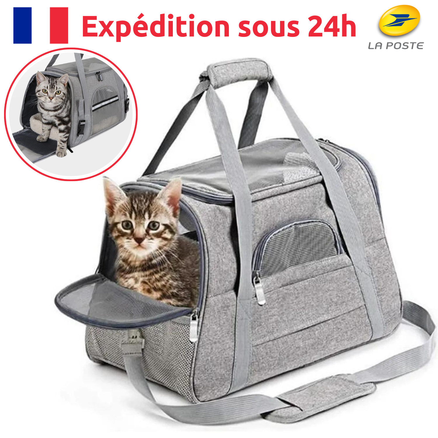 Sac de transport haut de gamme pour chat et chien en Oxford 43cm gris