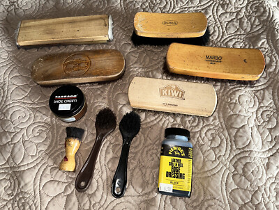 Vintage Lot Marbo Shoe Shine Brush Kiwi Mira Italy Dos En Uno Tarrago Fiebings!!