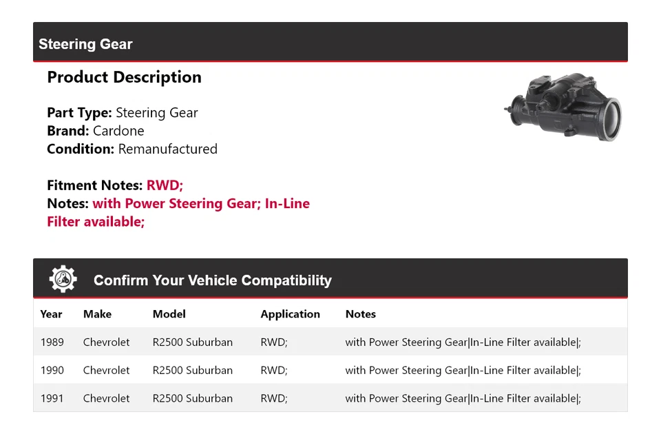 Para Chevrolet R2500 Suburban 1989-1991 tracción trasera engranaje de dirección cardone 1990 Foto 2 de 4