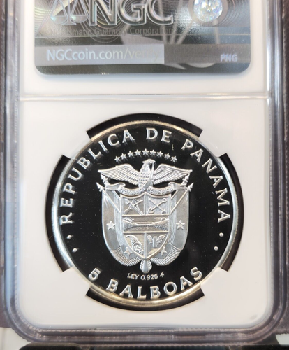 1975 PANAMA SILVER 5 BALBOAS BELISARIO PORRAS NGC PF 69 ULTRA CAMEO SCARCE - Picture 2 of 3