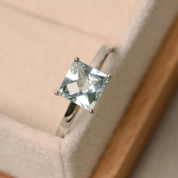 Anillo de compromiso de diamantes y aguamarina real princesa de 1,50 quilates de oro blanco macizo de 14 quilates Foto 2 de 4