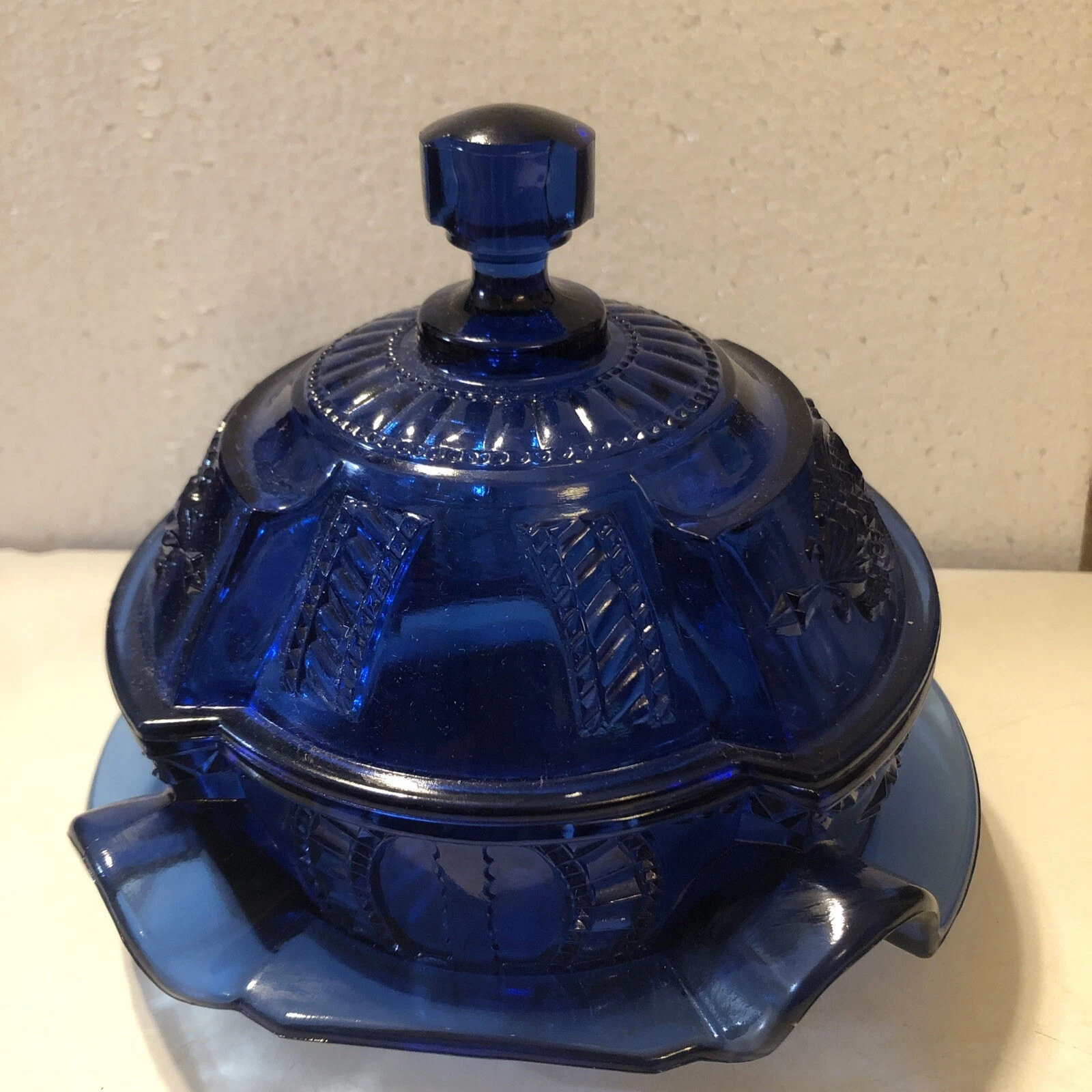 Vintage Old Covered Butter Dish Cobalt Blue Imperial Glass Company Granny Core
