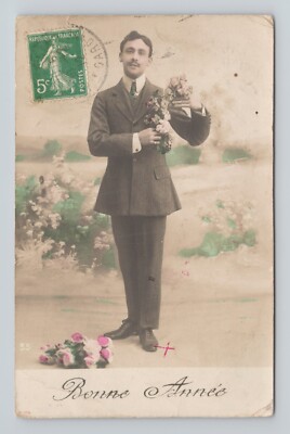 Postcard Bonne Annee New Year Dapper Man In Suit With Flowers Tinted RPPC 35