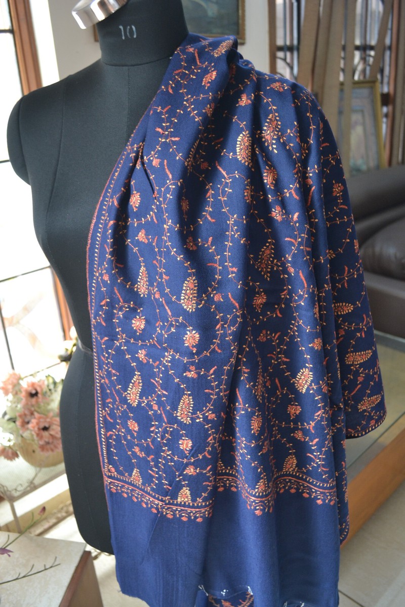 Kashmiri Shawls カシミヤショール ネイビー Dark blue MICRO JAAL KASHMIRI EMBROIDERY SHAWL ~ 100% CASHMERE