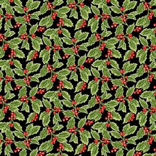 Christmas Fabric Holiday Botanical Holly Leaf Berry Black Henry Glass YARD