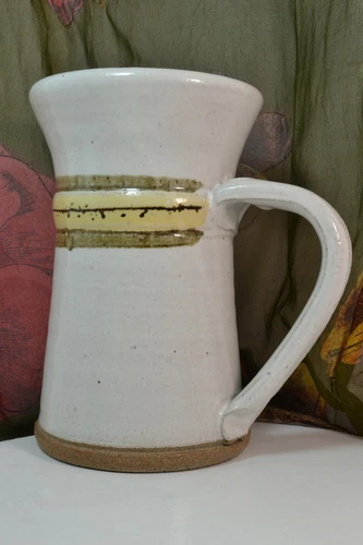 Hand Thrown Tankard VERY Large Mug White Brown Yellow Art Pottery EUC