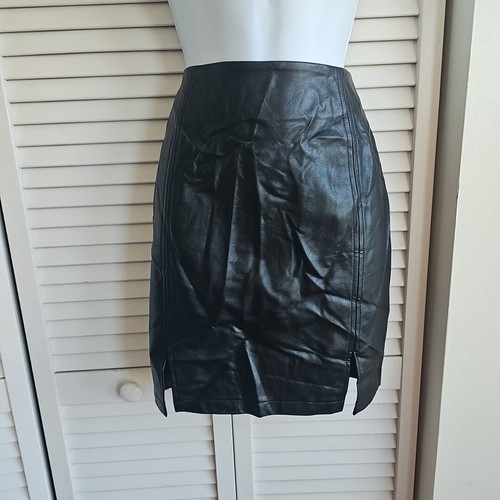 MANGOPOP Black Faux Leather Mini Bodycon Pencil Skirt Size Medium High Waist NWT - Picture 2 of 9