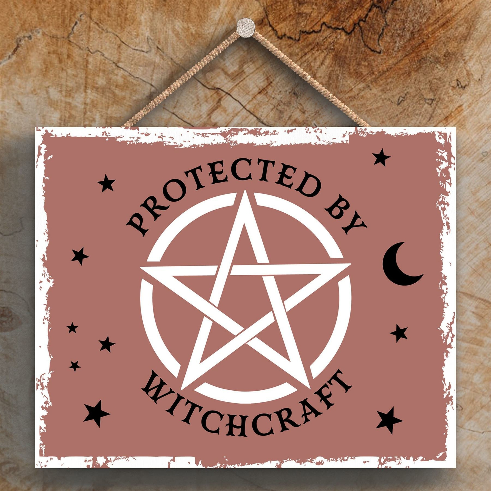 PROTECTED BY WITCHCRAFT RECTANGLE WITCHCRAFT THEMED HALLOWEEN WOODEN PLAQUE