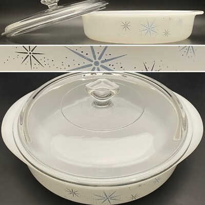 Glasbake Milk Glass Atomic Starburst Round Covered Casserole/Cake Pan USA 1.5qt