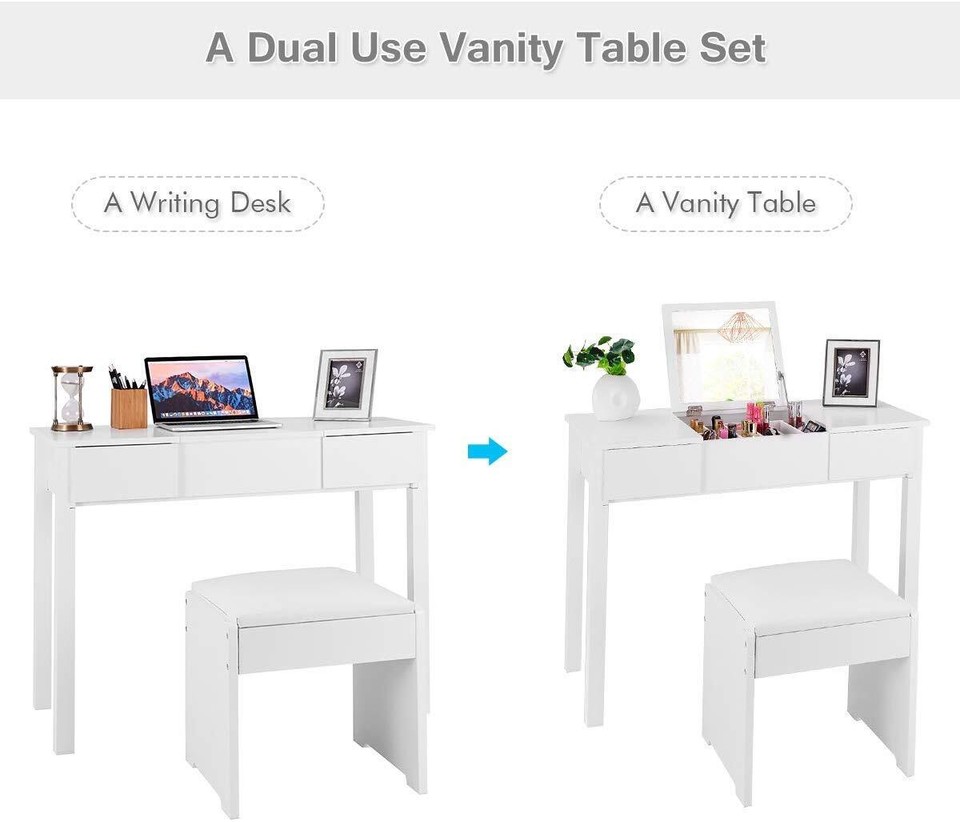 ReunionG Vanity Flip Top Mirror, Solid Wood Dressing Table, Writing