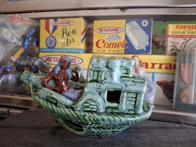Vintage Old Aquarium Fishbowl Ceramic 2 Lot Green Haired Mermaid & Sunken Ship 