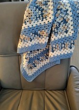 NEW Hand Crocheted Cotton Afghan 32" Throw Baby Blanket Little Boy Blue  Ivory