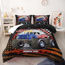 Giant Monster Pickup Truck Comforter Set, Kids Adults Red Blue Car Truck Tran...