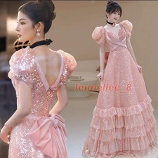 Gorgeous V Neck Hubble-bubble Sleeve Sequins Flounce Gown Party Evening Dresses