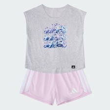 adidas kids 2-Piece Short Sleeve Back Pleated Heather Tee & Mesh Short Set
